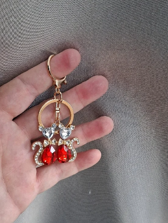 Gold-Tone Keychain with Red and Clear Crystal Cats - Picture 3 of 3
